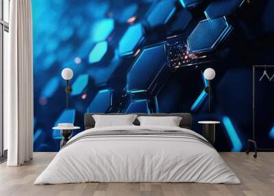 A sleek and futuristic technology background with 3D hexagonal shapes, digital lines, and a gradient blue backdrop, symbolizing advanced tech Wall mural