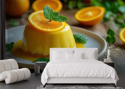 A smooth, glossy orange pudding on a white plate, garnished with a perfectly cut orange slice and mint leaves, with a rustic wooden table in the background Wall mural