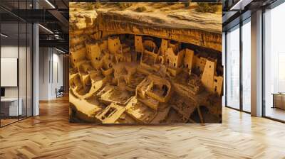 A stunning aerial shot of an ancient cliff-side city, with buildings carved into the rock and connected by narrow paths. Wall mural