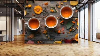 A top-down view of tea cups filled with calendula herbal tea, surrounded by dried flowers like Chernobrovtsi and autumn leaves, set on a vintage wooden table, capturing the essence of medicinal herbs Wall mural