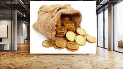 A treasure sack full of gold coins, with several neat stacks placed on a bright white background. Perfect for illustrating wealth and treasure. Wall mural