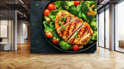 A wholesome meal featuring grilled roast chicken breast, accompanied by fresh salad and steamed broccoli. The healthy, balanced dish emphasizes nutrition and flavor Wall mural