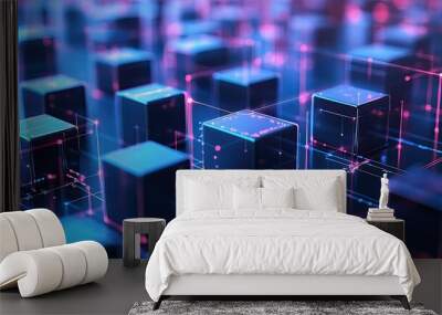 Abstract 3D grid of interconnected data blocks, symbolizing blockchain and digital analysis, set in a futuristic blue cyberspace background. Wall mural