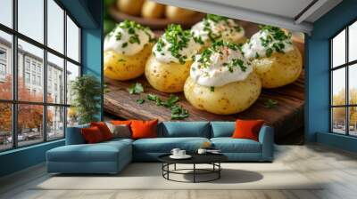 Boiled potatoes with sour cream, garnished with fresh herbs, served on a rustic wooden board. The textures and colors are warm and inviting. Wall mural