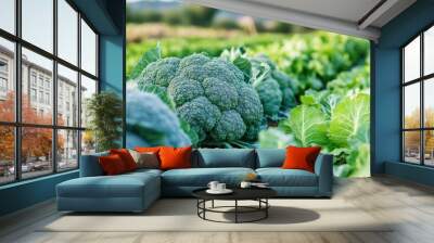 Broccoli growing in an organic field, its green heads standing tall among other Brassica oleracea species, including cabbage and cauliflower. A nutritious, widely cultivated vegetable Wall mural