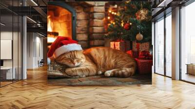 Cat in a Santa hat curled up near the fireplace, with a Christmas tree and gifts creating a cozy festive backdrop. The warm holiday interior is perfect for the season. Wall mural