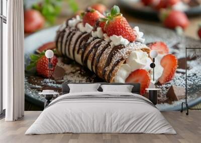 Chocolate mille crepes roll filled with sweet strawberries and whipped cream, topped with a delicate dusting of chocolate for a rich, indulgent dessert Wall mural