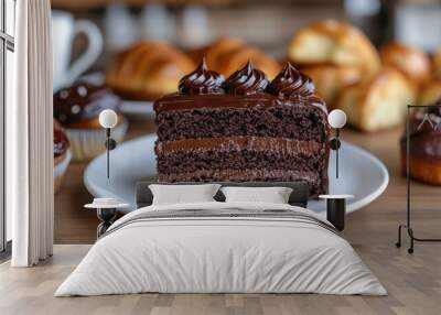 Close-up of a rich chocolate cake slice with a glossy glaze, placed on a white plate, with croissants, muffins, and a cup of coffee in the background Wall mural