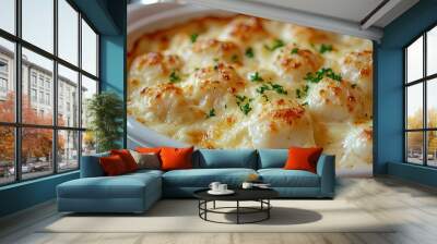 Close-up of a scallop cream gratin bubbling with a creamy sauce and melted cheese, served in a white dish with a sprinkle of fresh parsley, a perfect seafood delight Wall mural