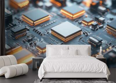 Close-up of microchips and wireless circuit elements on a clean white isolated background, showcasing cutting-edge electronics design. Wall mural