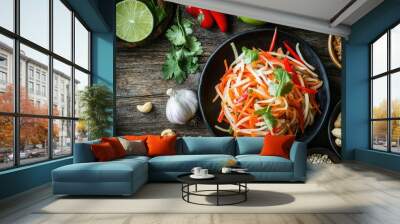 Close-up of Som Tam Thai papaya salad, sitting on a rustic wooden table, with traditional Thai ingredients like peanuts, lime, and garlic displayed around it. Wall mural