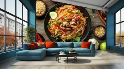 Close-up of Som Tum Thai papaya salad with a side of grilled chicken, surrounded by traditional Thai ingredients like garlic, lime, and chilies on a wooden surface. Wall mural