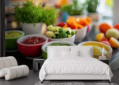 Colorful bowls of baby food with fresh fruits and vegetables on a kitchen counter, symbolizing healthy meal options and baby nutrition Wall mural