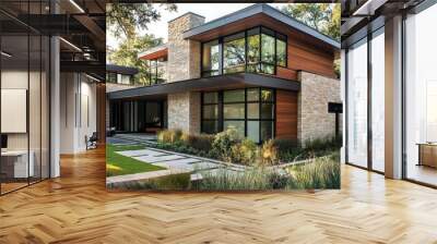 Contemporary home exterior with a mix of wood and stone cladding, large windows, and a minimalist garden, showcasing a blend of natural materials and modern design Wall mural