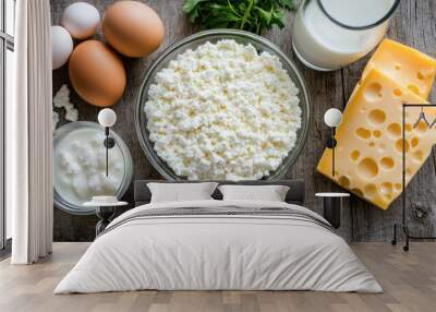 Cottage cheese in a bowl, alongside a glass of milk, eggs, and slices of cheese on a rustic wooden surface, showing a variety of dairy options for growing children Wall mural