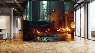 Dark living room with Halloween pumpkins on the floor, surrounded by burning candles, casting an eerie glow across the space, with shadows flickering on the walls. Wall mural