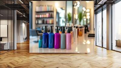 Different hair sprays and hair accessories on a clean table in a beauty salon, with styling chairs and mirrors in the background. Wall mural