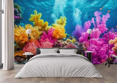 Diverse coral formations under the sea in Thailand, with bright and vivid colors creating a stunning underwater landscape, surrounded by marine life Wall mural