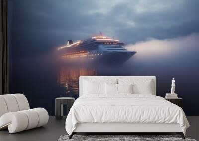 Early morning view of a cruise liner on a peaceful ocean, with mist rising from the water and the shipaes lights glowing softly Wall mural