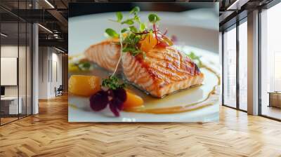 Elegant dish of seared salmon fillet on a white plate, garnished with microgreens and drizzled with a delicate citrus sauce, presented in a fine dining setting. Wall mural