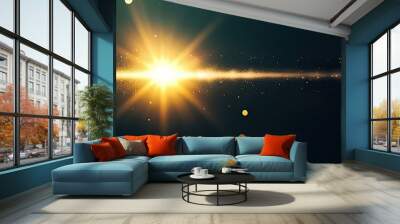 Elegant lens flare with soft, glowing light rays spreading across a dark backdrop, creating a beautiful and subtle contrast against the deep blackness Wall mural