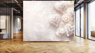 Elegant wedding background with hearts and lace patterns, symbolizing love and commitment. Wall mural