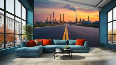 Empty road leading to a refinery complex, with industrial buildings and smokestacks visible in the distance Wall mural