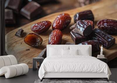 Fresh dates paired with dark chocolate pieces on a wooden board, capturing the contrast between the sweet fruit and rich chocolate Wall mural