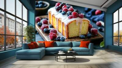 Freshly baked butter vanilla cake with glaze and a handful of fresh berries, served for breakfast. A sweet and inviting morning treat. Wall mural