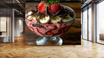 Freshly prepared banana and strawberry dessert with chocolate shavings, set in a clear glass bowl on a wooden table, ideal for a gourmet dessert presentation Wall mural