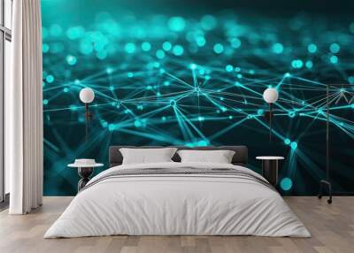 Futuristic internet network connection in a digital space. Abstract 3D illustration of AI-driven data flow with blue-green tech elements and holographic interfaces Wall mural