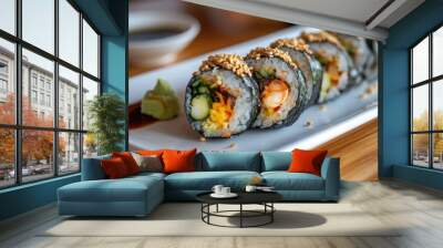 Gimbap rolls with assorted fillings placed on a white plate, served with a side of soy sauce shrimp and garnished with sesame seeds, chopsticks nearby Wall mural