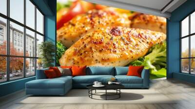 Golden-brown roasted chicken breast with a side of fresh salad and broccoli. A nutritious, flavorful meal perfect for those focused on clean eating and balanced nutrition Wall mural