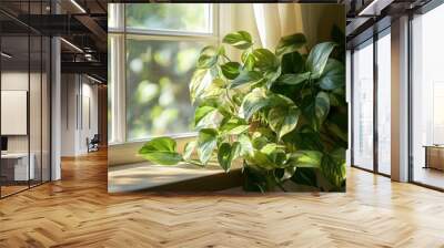 Golden pothos trailing over a table beside a window, basking in the natural light, perfect for home interiors or cozy garden corners. Wall mural