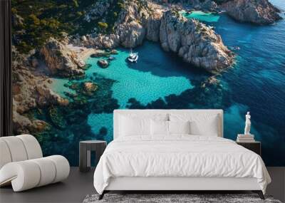 High-end yacht near a hidden cove in Sardinia, with crystal-clear blue water inviting for a swim, and picturesque rock formations in the background Wall mural