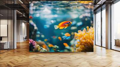 Little fish swimming amidst colorful coral and aquatic plants in an aquarium at Chonburi, Thailand, with reflections on the wateraes surface Wall mural