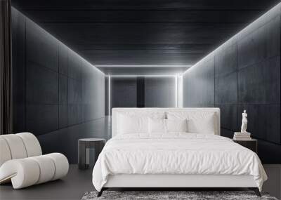 Minimalist futuristic room with dark cement walls and soft, glowing light accents, creating a high-tech setting for product displays or interior design concepts. Wall mural