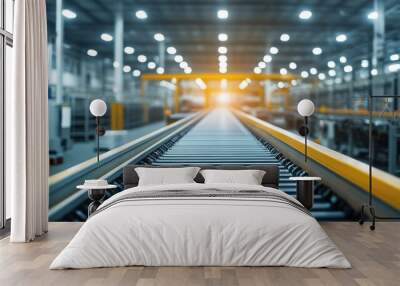 Modern conveyor belt in a brightly lit factory, emphasizing precision engineering. Wall mural