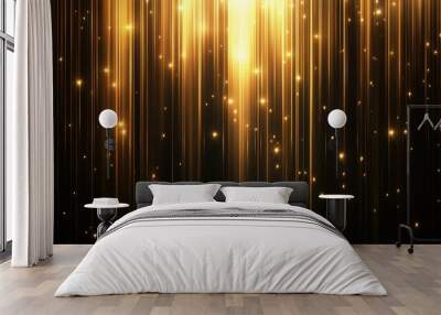 Radiant vertical gold lines on a deep black background, with glowing light effects and sparkling highlights, perfect for elegant designs with copy space. Wall mural