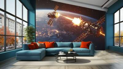 Spacecraft Engaging in Battle Above Earth Wall mural