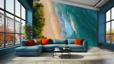 Stunning aerial shot of the Vietnam coastline, with gentle ocean waves washing onto the sandy shore, ideal for a tropical vacation background. Wall mural