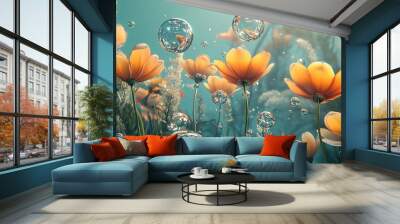 Surreal spring flower landscape with floating water bubbles, rendered in a 3D abstract style that evokes a sense of wonder and tranquility. Wall mural