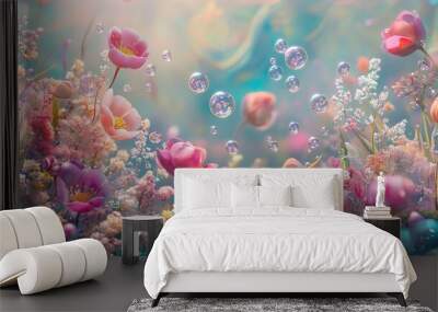 Surreal spring garden with vivid flowers and glistening water bubbles hovering over the landscape in soft hues. Wall mural