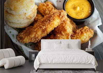 Top view of a basket of fried chicken tenders served with a side of honey mustard sauce and a biscuit. Wall mural