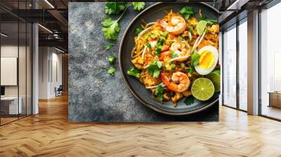 Top view of a plate of Pad Thai with stir-fried rice noodles, eggs, and prawns, garnished with fresh herbs and lime. Wall mural