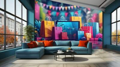 Conceptual Discount Offers on New Arrivals for Shoppers Using Tablets Wall mural