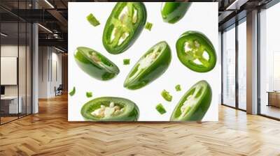 Green Jalapeno Peppers in mid-air. Wall mural