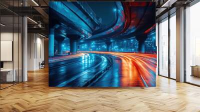 Nighttime urban highway with vibrant light trails Wall mural