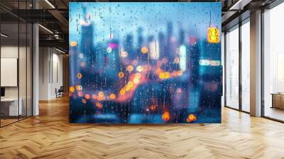 Rainy cityscape with blurred lights and raindrops on glass Wall mural