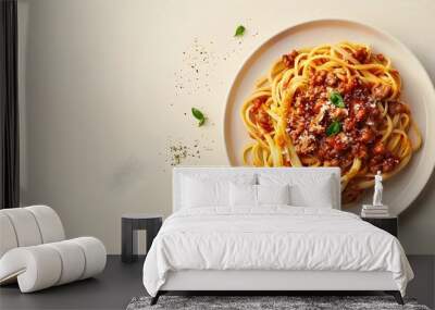 Rustic Plate of Beef Ragu Pasta on Isolated Cream Background with Studio Lighting and Copy Space Wall mural